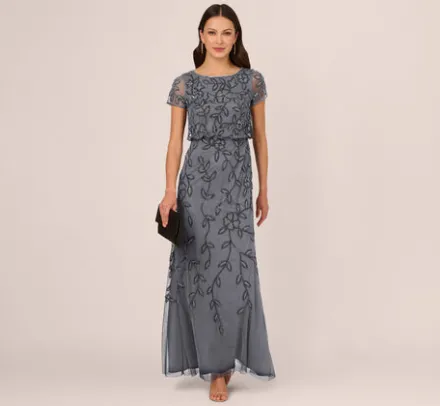 Adrianna Papell Wedding Guest Dresses|Formal Dresses*Jasmine Beaded Blouson Gown With Sheer Short Sleeves In Dusty Blue