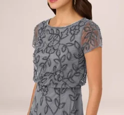 Adrianna Papell Wedding Guest Dresses|Formal Dresses*Jasmine Beaded Blouson Gown With Sheer Short Sleeves In Dusty Blue