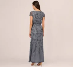 Adrianna Papell Wedding Guest Dresses|Formal Dresses*Jasmine Beaded Blouson Gown With Sheer Short Sleeves In Dusty Blue