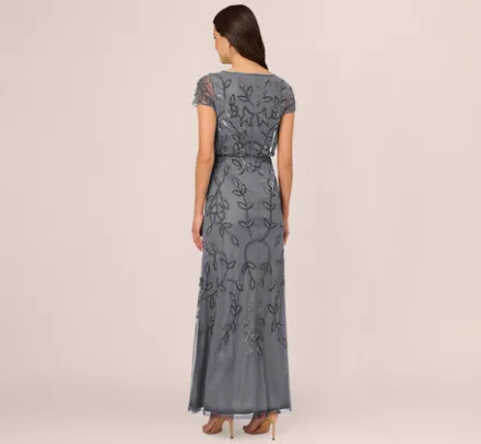 Adrianna Papell Wedding Guest Dresses|Formal Dresses*Jasmine Beaded Blouson Gown With Sheer Short Sleeves In Dusty Blue