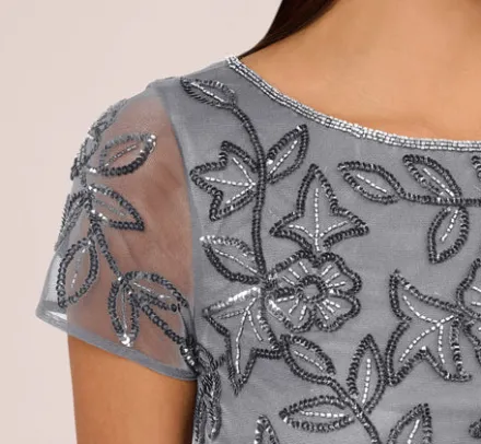Adrianna Papell Wedding Guest Dresses|Formal Dresses*Jasmine Beaded Blouson Gown With Sheer Short Sleeves In Dusty Blue
