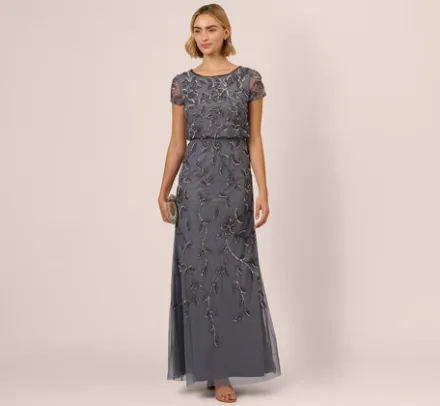 Adrianna Papell Wedding Guest Dresses|Formal Dresses*Jasmine Beaded Blouson Gown With Sheer Short Sleeves In Dusty Blue