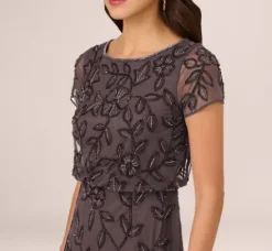 Adrianna Papell Wedding Guest Dresses|Formal Dresses*Jasmine Beaded Blouson Gown With Sheer Short Sleeves In