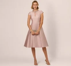 Adrianna Papell Wedding Guest Dresses|Petite-Friendly*Key Hole Mikado Cap Sleeve Midi Dress In