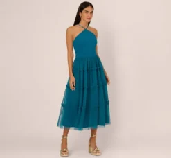 Adrianna Papell Wedding Guest Dresses|Petite-Friendly*Knit And Mesh Tiered Midi Halter Dress In