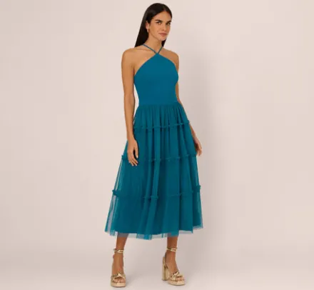 Adrianna Papell Wedding Guest Dresses|Petite-Friendly*Knit And Mesh Tiered Midi Halter Dress In