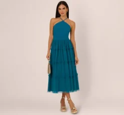 Adrianna Papell Wedding Guest Dresses|Petite-Friendly*Knit And Mesh Tiered Midi Halter Dress In