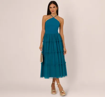 Adrianna Papell Wedding Guest Dresses|Petite-Friendly*Knit And Mesh Tiered Midi Halter Dress In