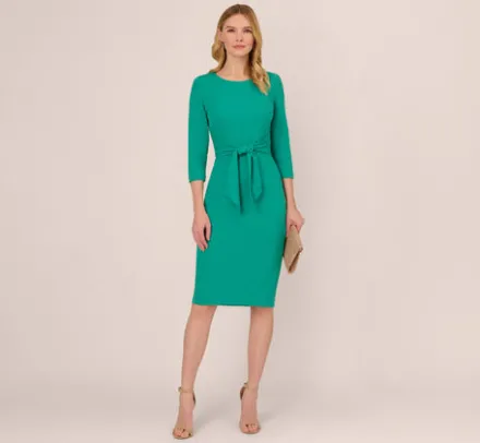 Adrianna Papell Wedding Guest Dresses|Day Dresses*Knit Crepe Bow Sheath Dress With Three Quarter Sleeves In Botanic Green