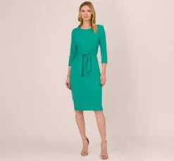 Adrianna Papell Wedding Guest Dresses|Day Dresses*Knit Crepe Bow Sheath Dress With Three Quarter Sleeves In Botanic Green