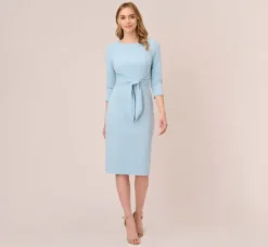 Adrianna Papell Wedding Guest Dresses|Day Dresses*Knit Crepe Bow Sheath Dress With Three Quarter Sleeves In Blue Mist