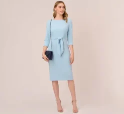Adrianna Papell Wedding Guest Dresses|Day Dresses*Knit Crepe Bow Sheath Dress With Three Quarter Sleeves In Blue Mist
