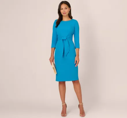 Adrianna Papell Wedding Guest Dresses|Day Dresses*Knit Crepe Bow Sheath Dress With Three Quarter Sleeves In Blue Coast