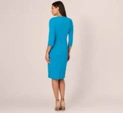 Adrianna Papell Wedding Guest Dresses|Day Dresses*Knit Crepe Bow Sheath Dress With Three Quarter Sleeves In Blue Coast
