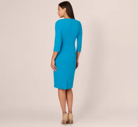 Adrianna Papell Wedding Guest Dresses|Day Dresses*Knit Crepe Bow Sheath Dress With Three Quarter Sleeves In Blue Coast