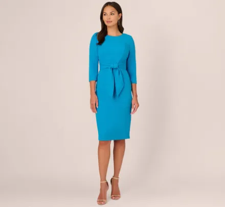 Adrianna Papell Wedding Guest Dresses|Day Dresses*Knit Crepe Bow Sheath Dress With Three Quarter Sleeves In Blue Coast