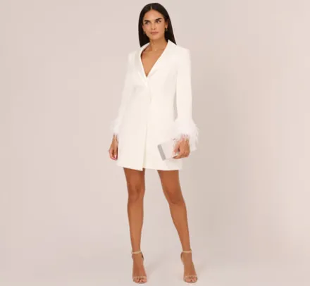 Adrianna Papell Little White Dresses*Knit Crepe Long Sleeve Blazer Dress With Feather Trim In