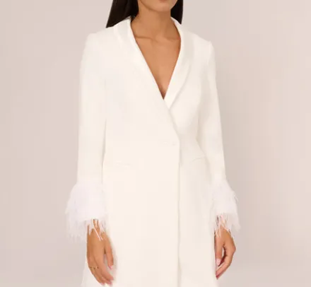 Adrianna Papell Little White Dresses*Knit Crepe Long Sleeve Blazer Dress With Feather Trim In