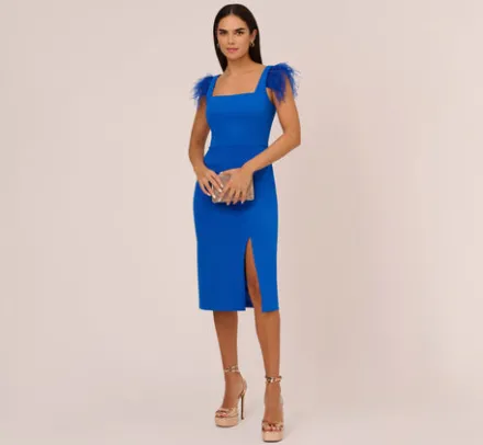 Adrianna Papell Wedding Guest Dresses|Petite-Friendly*Knit Crepe Midi Dress With Feather Shoulder Accents In Dark Cobalt