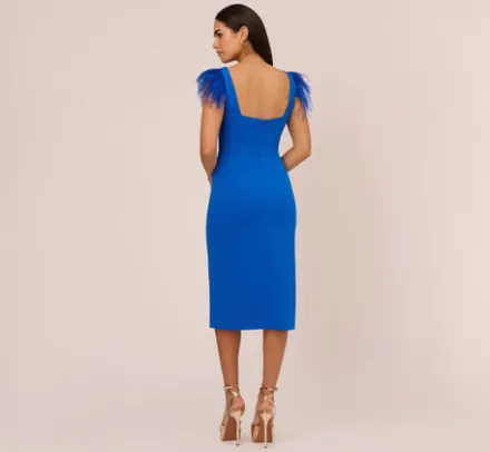 Adrianna Papell Wedding Guest Dresses|Petite-Friendly*Knit Crepe Midi Dress With Feather Shoulder Accents In Dark Cobalt