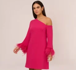 Adrianna Papell Wedding Guest Dresses*Knit Crepe One Shoulder Long Sleeve Dress With Feather Accents In Bright Rose