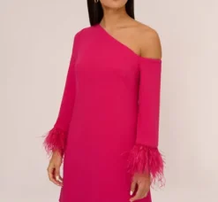 Adrianna Papell Wedding Guest Dresses*Knit Crepe One Shoulder Long Sleeve Dress With Feather Accents In Bright Rose