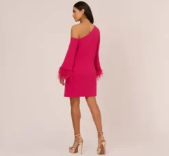 Adrianna Papell Wedding Guest Dresses*Knit Crepe One Shoulder Long Sleeve Dress With Feather Accents In Bright Rose