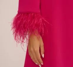 Adrianna Papell Wedding Guest Dresses*Knit Crepe One Shoulder Long Sleeve Dress With Feather Accents In Bright Rose