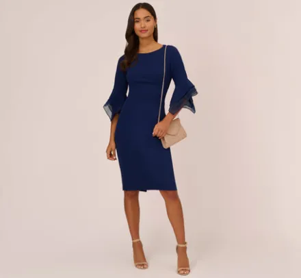 Adrianna Papell Wedding Guest Dresses|Day Dresses*Knit Crepe Sheath Dress With Tiered Three Quarter Sleeves In Navy Sateen