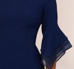 Adrianna Papell Wedding Guest Dresses|Day Dresses*Knit Crepe Sheath Dress With Tiered Three Quarter Sleeves In Navy Sateen