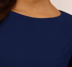 Adrianna Papell Wedding Guest Dresses|Day Dresses*Knit Crepe Sheath Dress With Tiered Three Quarter Sleeves In Navy Sateen