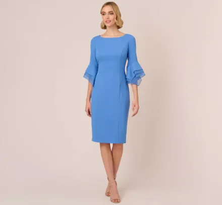 Adrianna Papell Wedding Guest Dresses|Day Dresses*Knit Crepe Sheath Dress With Tiered Three Quarter Sleeves In Cool Water