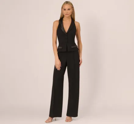Adrianna Papell Jumpsuits*Knit Crepe Tuxedo Jumpsuit With Halter Neckline In