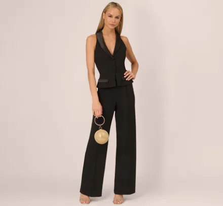 Adrianna Papell Jumpsuits*Knit Crepe Tuxedo Jumpsuit With Halter Neckline In