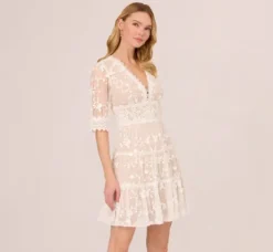 Adrianna Papell Day Dresses|Little White Dresses*Lace Embroidered V Neck Dress With Elbow Sleeves In Ivory Nude