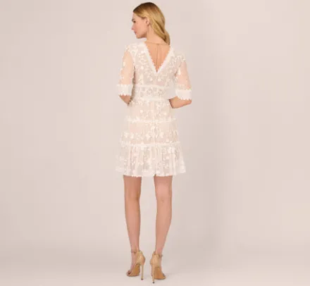 Adrianna Papell Day Dresses|Little White Dresses*Lace Embroidered V Neck Dress With Elbow Sleeves In Ivory Nude