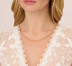 Adrianna Papell Day Dresses|Little White Dresses*Lace Embroidered V Neck Dress With Elbow Sleeves In Ivory Nude