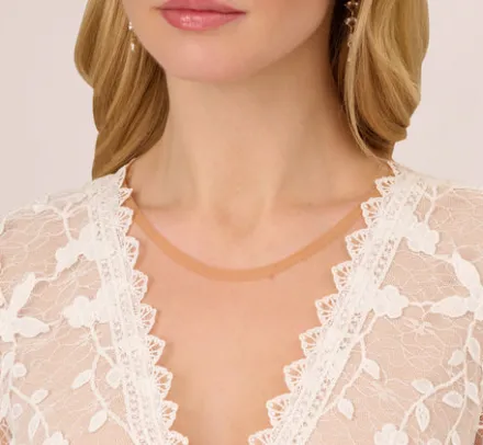 Adrianna Papell Day Dresses|Little White Dresses*Lace Embroidered V Neck Dress With Elbow Sleeves In Ivory Nude
