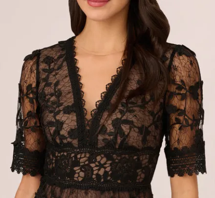 Adrianna Papell Wedding Guest Dresses|Day Dresses*Lace Embroidered V Neck Dress With Elbow Sleeves In Black Nude