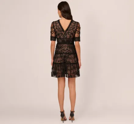 Adrianna Papell Wedding Guest Dresses|Day Dresses*Lace Embroidered V Neck Dress With Elbow Sleeves In Black Nude