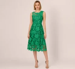 Adrianna Papell Wedding Guest Dresses|Petite-Friendly*Lace Sleeveless Midi Dress With Sheer Neck And Hem In
