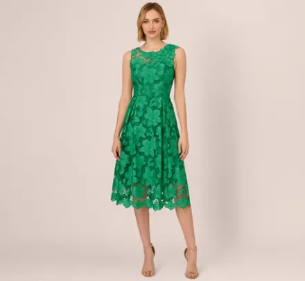 Adrianna Papell Wedding Guest Dresses|Petite-Friendly*Lace Sleeveless Midi Dress With Sheer Neck And Hem In