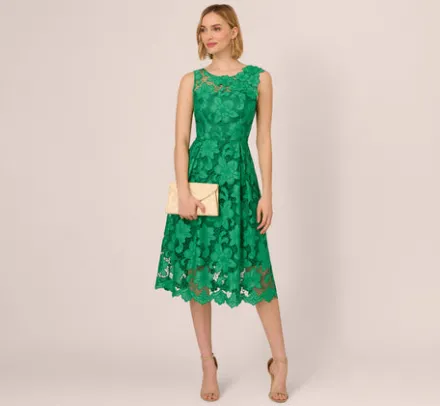 Adrianna Papell Wedding Guest Dresses|Petite-Friendly*Lace Sleeveless Midi Dress With Sheer Neck And Hem In