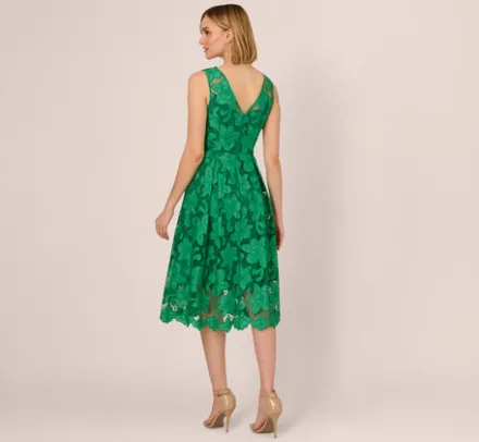 Adrianna Papell Wedding Guest Dresses|Petite-Friendly*Lace Sleeveless Midi Dress With Sheer Neck And Hem In