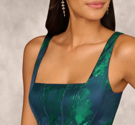 Adrianna Papell Wedding Guest Dresses|Formal Dresses*Lame Satin Jacquard Gown With Square Neckline In Dark Ivy