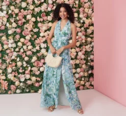 Adrianna Papell Wedding Guest Dresses|Formal Dresses*Leaf Print Chiffon Shirred Gown With Halter Neckline In