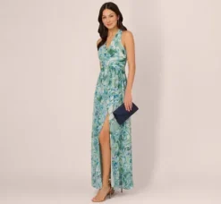 Adrianna Papell Wedding Guest Dresses|Formal Dresses*Leaf Print Chiffon Shirred Gown With Halter Neckline In