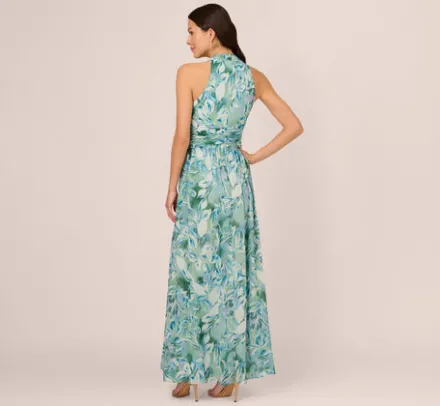 Adrianna Papell Wedding Guest Dresses|Formal Dresses*Leaf Print Chiffon Shirred Gown With Halter Neckline In