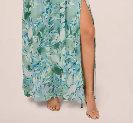 Adrianna Papell Wedding Guest Dresses|Formal Dresses*Leaf Print Chiffon Shirred Gown With Halter Neckline In
