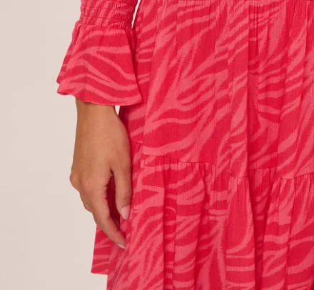 Adrianna Papell Wedding Guest Dresses|Ap Exclusives*Leaf Print Tiered Shift Dress With Long Bell Sleeves In Pink Multi